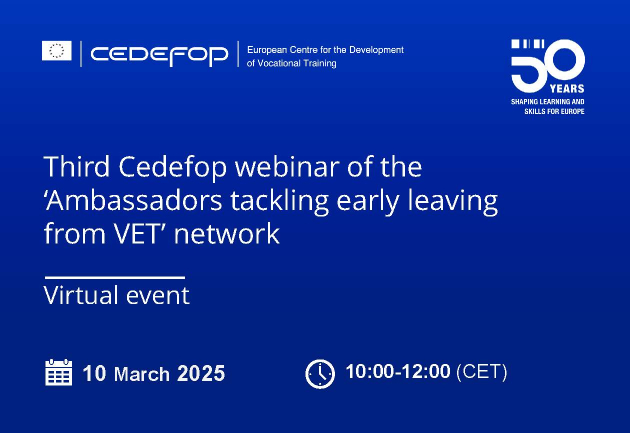 Banner of event: Third Cedefop webinar of the 'Ambassadors tackling early leaving from VET' network