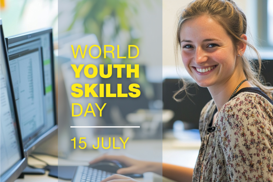 World Youth Skills Day written, and a young woman in the background